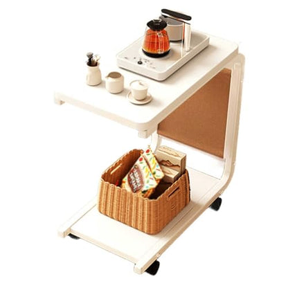 Over Bed Table with Wheels Movable Sofa Side Table with Storage Pockets Space-Saving C-Shaped Side Table with Solid Wood Tabletop for Living Room, Bedroom(White) - color: White