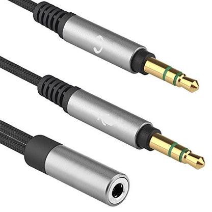 GEEKRIA Nylon Braided Headset Y Splitter Adapter, Headphones Splitter Cable for PC, Notebook, Legacy Laptop with Microphone and Audio Jack (2 x 3.5mm Male to 1 x 3.5mm Female)