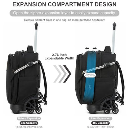 NEW TILAMI 18 Inch Expandable Rolling Backpack Stair-Climbing for School | 6-Wheel Stair-Climbing Girls Boys Carry-on Suitcase 15.6 Laptop Sleeve Water-Resistant Adjustable Handle Wheel Travel Camping - color: Black