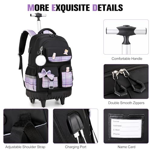ACESAK Rolling Backpack for Girls - Roller Wheels School bag with Lunch Bag & Pencil Pouch for Teen Girls Kids Wheeled Suitcase Backpacks, Elementary Middle School Travel Daypack (Black Purple) - color: Black