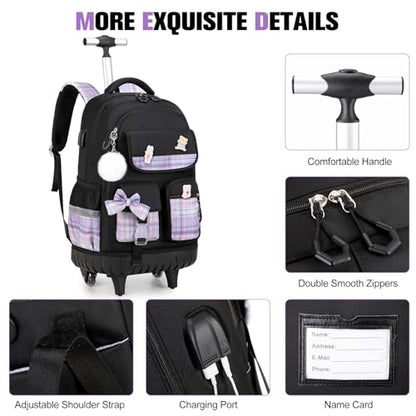 ACESAK Rolling Backpack for Girls - Roller Wheels School bag with Lunch Bag & Pencil Pouch for Teen Girls Kids Wheeled Suitcase Backpacks, Elementary Middle School Travel Daypack (Black Purple) - color: Black