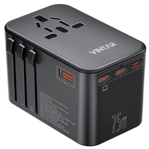 Universal Travel Adapter, VINTAR 75W GaN International Power Adapter with 3 USB C PD and 2 USB A QC, All in One Travel Essentials for UK/EU/USA/AUS, Travel Adapter Worldwide for Laptops Tablets Phones - color: 75W Black