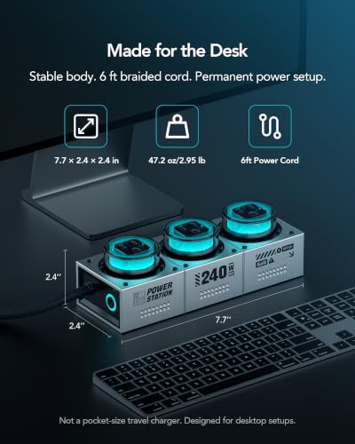 MFish E-Tank 240W GaN Desktop Charging Station, 7-in-1 Desktop Power Hub | 3 AC outlets, 4 USB-C ports, 140W PD 3.1, smart power sharing, RGB lighting - color: 240W Power Strip - Gray
