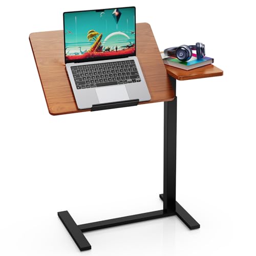 Simple Deluxe Standing Rolling Desk with Hidden Casters, Height Adjustable Pneumatic Mobile Laptop Desk, Tilting Bedside Table for Laptop, Overbed Bedside Table Hospital Home Use, Brown - color: Brown, style: Tiltable