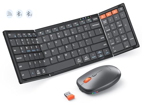 MEETION Foldable Keyboard and Mouse, Portable Folding Wireless Keyboard Mouse, Full Size Rechargeable 2.4G+Dual Bluetooth Keyboards for Business Travel, for Windows/Mac/iOS/Andriod, iPad/Laptop - color: C9550 Black