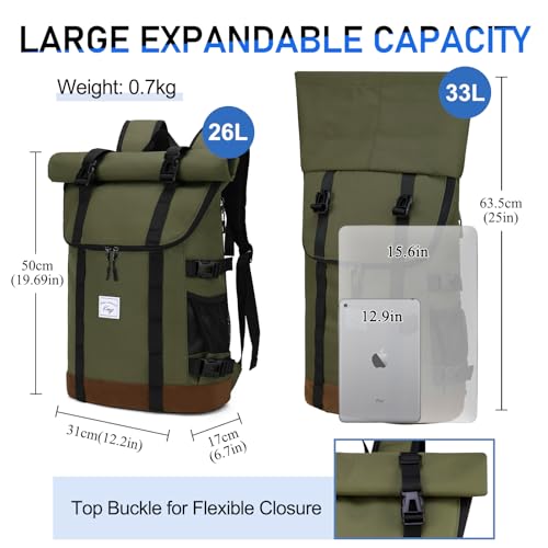 Kasqo Rolltop Backpack, Water-Resistant Backpack with Laptop Compartment for 15.6 Inch Computer Men Women 26L-33L Daypack - color: Military Green