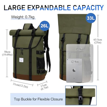 Kasqo Rolltop Backpack, Water-Resistant Backpack with Laptop Compartment for 15.6 Inch Computer Men Women 26L-33L Daypack - color: Military Green