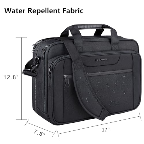 KROSER Laptop Bag Expandable Briefcase Messenger Bag 17.3 Inch Black | Water-Repellent, Shoulder Messenger Bag, Computer Bag, Travel/Business, Men/Women