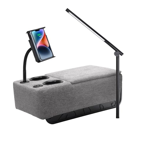 Removable Sofa Armrest, Dual Cup Holders Large Size Multifunctional Couch Caddy Storage Arm Rest with Power Wireless Charging Stand & LED Reading Light for Sofa Middle Seat Parts - color: Pewter, size: Fabric-2 CUPS