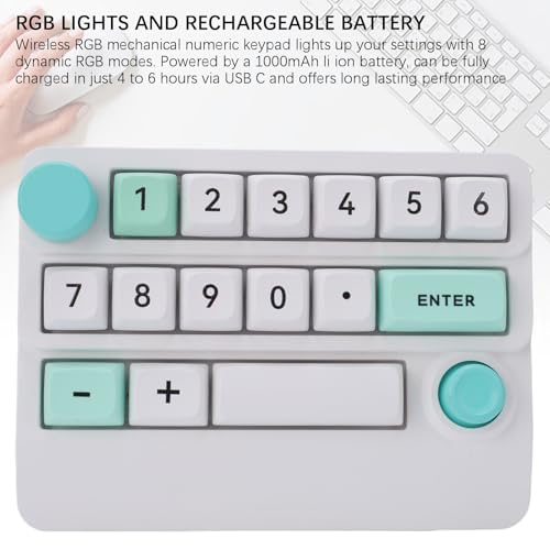 Asixxsix Number Pad, RGB 15 Keys Hot Swappable Wireless Numeric Keypad Macro Programmable Rechargeable Number Keypad with 3 Mode USB C 2.4G Bluetooth for Laptop Desktop Computer PC (White Green) - color: White Green