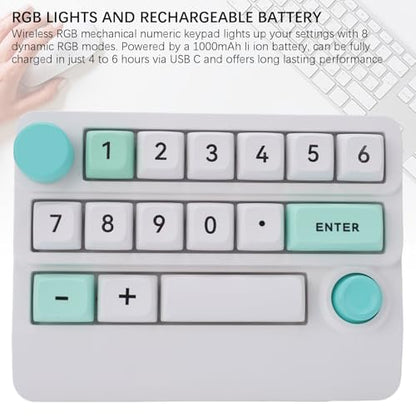 Asixxsix Number Pad, RGB 15 Keys Hot Swappable Wireless Numeric Keypad Macro Programmable Rechargeable Number Keypad with 3 Mode USB C 2.4G Bluetooth for Laptop Desktop Computer PC (White Green) - color: White Green
