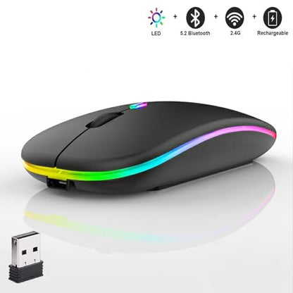 LED Wireless Mouse, Slim Silent Dual-Mode 2.4G+BT Rechargable 7-Color Portable Mobile Optical Office Mouse with USB Receiver, 3 Adjustable DPI Levels for Notebook, PC, Computer, MacBook (Black) - color: black
