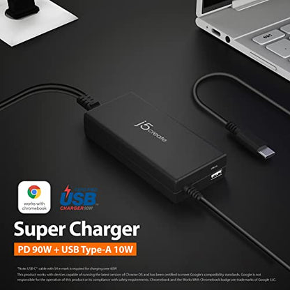 j5create USB Type C Super Charger PD 90W + USB Type A 10W Fast Charging for Chromebook, Laptop, MacBook Pro 13” (JUP2290C)
