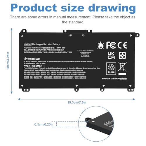 HW03XL Laptop Battery for HP Pavilion 15-EG 15-EG1025CL 15-EG1053CL 15-EH 15-EH1254NG 17-CN 17-CN0065CL 17-CN0023DX 17-CN0053CL 15T-EG 15Z-EH 17-CP 17S-CU 17T-CN 17Z-CP Series L97300-005 HSTNN-IB90 - size: HW03XL 8.94*4.96*0.71 in