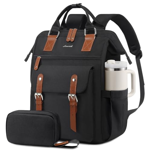 LOVEVOOK Laptop Backpack for Women, Teacher Work Laptop Bag with Large Cup Holder, Waterproof Travel Backpack Purse, Business Computer Back Pack, College Bookbag Gift Nursing Backpack, 15.6 Inch - color: 1 Black-brown, size: 15.6 Inch