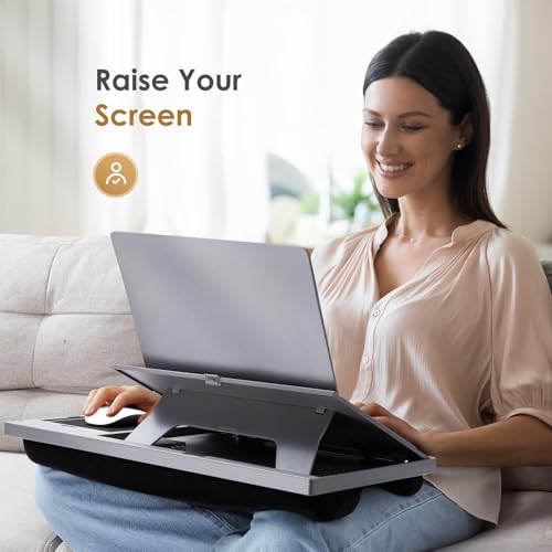 Adjustable Laptop Desk with Cushion, Mouse Pad & Cellphone Slot - Laptop Stand for Bed & Couch, Riser for Home & Office (Grey) | Built-in mouse pad, phone & pen slots, dual-cushion base, anti-slip design, raises the screen, for home office, bed, sofa - co