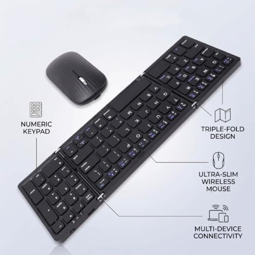 Wireless Keyboard and Mouse Set, Foldable Bluetooth Keyboard with Number Pad, Rechargeable Portable Combo for Smartphone Tablet Laptop