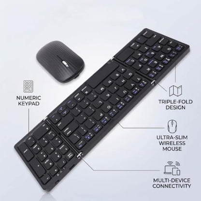 Wireless Keyboard and Mouse Set, Foldable Bluetooth Keyboard with Number Pad, Rechargeable Portable Combo for Smartphone Tablet Laptop