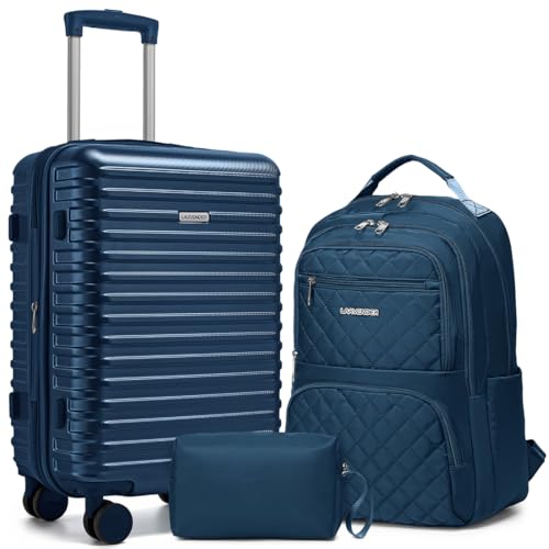LARVENDER Carry on Luggage 22x14x9 Airline Approved, 20 Inch Expandable Hardside Suitcase with Wheels TSA Lock, PC+ABS Lightweight Carry on Suitcases for Women and Men, Dark Blue - color: Dark Blue, size: 3 Piece Set (Backpack/20/TB)