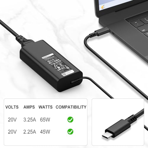 65W USB-C Charger for Dell, Compatible with Dell Latitude Inspiron Chromebook XPS 13 Computer Type C Laptop Power Adapter PD Fast Charging with USB C Cable