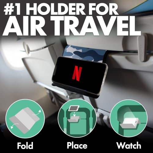 Airplane Phone Holder - Foldable Phone Stand for Plane Travel | Aluminum Build, 9 x 5 in. Blue Camo, Tabletop Mount Desk, Plane Tray Seat back, Treadmill, Fits iPhone Cell Phone - color: Blue Camo, size: Large