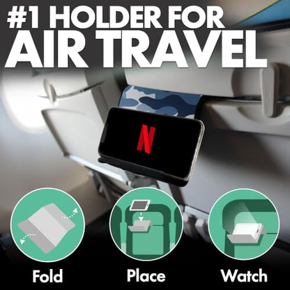 Airplane Phone Holder - Foldable Phone Stand for Plane Travel | Aluminum Build, 9 x 5 in. Blue Camo, Tabletop Mount Desk, Plane Tray Seat back, Treadmill, Fits iPhone Cell Phone - color: Blue Camo, size: Large