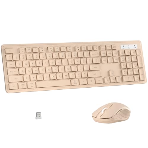 MPTOG Wireless Keyboard and Mouse Combo, Full-Size 104-Key Office Keyboard with 15 Function Keys, Numeric Keypad, Single USB Receiver, Compatible with PC and Laptop(Milk-Tea Only) - color: Milk-Tea Only