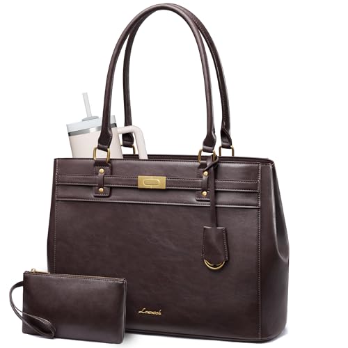LOVEVOOK Laptop Tote Bag for Women, 15.6 Inch Waterproof Leather Work Computer Bag, Large Business Office Briefcase Shoulder Handbag Purse Gifts for Women - color: Coffee-brown, size: Medium