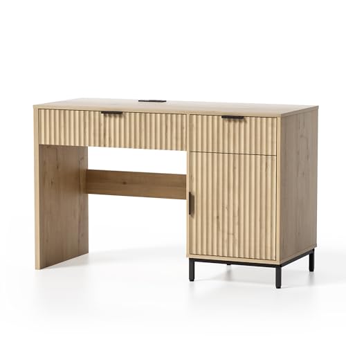 47" Fluted Executive Desk, Modern Wood Home Office Desk with Charging Station, Drawer & Cabinet, Computer Writing Desk for Work Study, Light Oak - color: Light Oak