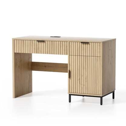 47" Fluted Executive Desk, Modern Wood Home Office Desk with Charging Station, Drawer & Cabinet, Computer Writing Desk for Work Study, Light Oak - color: Light Oak
