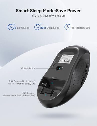 TECKNET 2-in-1 Bluetooth Mouse (BT 5.0/3.0+2.4Ghz), 6-Level 4000 DPI-Black | BT 5.0/3.0 & 2.4G wireless mouse with 4000 DPI, silent clicks, ergonomic design, and USB receiver for laptop and PC. - color: Bright Black