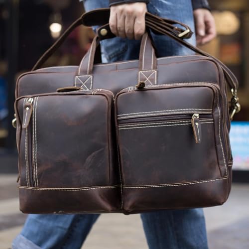 Masa Kawa Expandable Leather 17" Laptop Travel Messenger Duffel Bag Men | Large Overnight Weekend Business Trip Duffel Bags with Luggage Strap, Crossbody Shoulder Computer Briefcase - color: B2