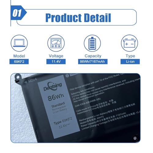 86Wh 69KF2 Laptop Battery Replacement for Dell XPS 15 9500 9510 9520 | For Alienware M15 M17 R3 R4 R5 R6 Precision 5550 5560 5570 Inspiron 7510 7610 P87F P91F G7 15 7500 G15 5510, 11.4V 7167mAh - size: 11.43*3.31*0.24 inch 69KF2