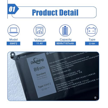 86Wh 69KF2 Laptop Battery Replacement for Dell XPS 15 9500 9510 9520 | For Alienware M15 M17 R3 R4 R5 R6 Precision 5550 5560 5570 Inspiron 7510 7610 P87F P91F G7 15 7500 G15 5510, 11.4V 7167mAh - size: 11.43*3.31*0.24 inch 69KF2