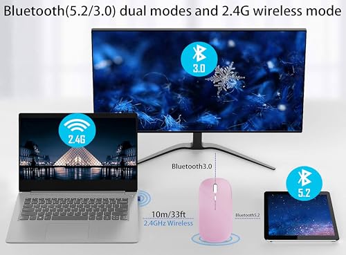 WREANU Wireless Bluetooth Mouse, Rechargeable Laptop Mice, Pink | LED Lights Silent Slim Dual Mode(BT5.2 and 2.4G Portable USB Receiver) Computer Mouse for Laptop/iPad/Tablet/Computer/Mac - color: Pink