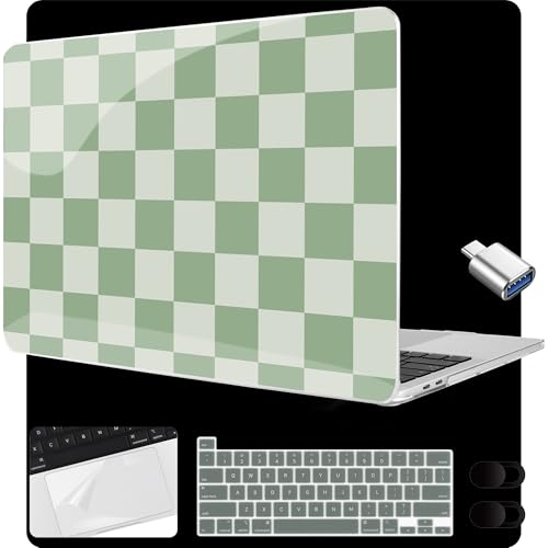 MEEgoodo for MacBook Pro 13 inch Case 2022 2021 2020 A2338 M2/M1 A2251 A2289 with Touch ID,Clear Laptop Hard Shell Cases with Keyboard Webcam Cover & Trackpad Film & Type C Adapter, Green Checkered - color: Green Checkered