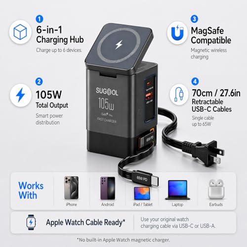 105W Charging Station with Retractable Cables, 6-in-1 GaN Retractable Charger with Wall Plug, MagSafe Compatible Magnetic Pad, USB-C Fast Charging for iPhone, AirPods, MacBook