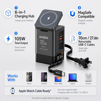 105W Charging Station with Retractable Cables, 6-in-1 GaN Retractable Charger with Wall Plug, MagSafe Compatible Magnetic Pad, USB-C Fast Charging for iPhone, AirPods, MacBook