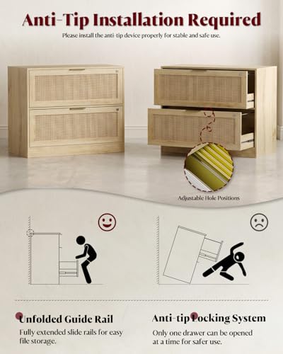 HOPUBUY 2 Drawer File Cabinet with Lock, Printer Stand Lateral | Home Office and School, Wood Rattan Filing Cabinet for Hanging Files/Letter/Legal/A4/F4 Size, Natural, 2Drawer,Set1 - color: Natural, size: Set1