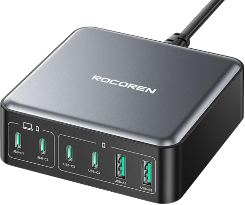 270W USB C Charger Block, Rocoren 6 Port Multi USB-C Charging Station,100W PD Fast USBC Gan Charger Station Hub Dock for Multiple Devices, Laptop Type C for MacBook/iPhone 17/iPad/Galaxy S25 (Black) - color: Black-270W