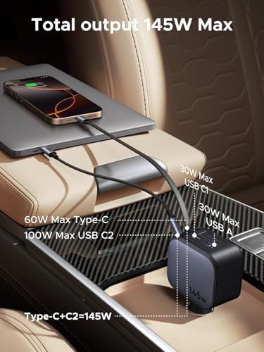 UGREEN 145W 4-Port Retractable Car Charger with 60W Retractable Cable | 3 USB-C 1 USB-A, Compatible with iPhone 17 Air 17 Pro 17 Pro Max 16 15 14 13 12, Galaxy S25 S24 S23 Ultra, iPad, MacBook