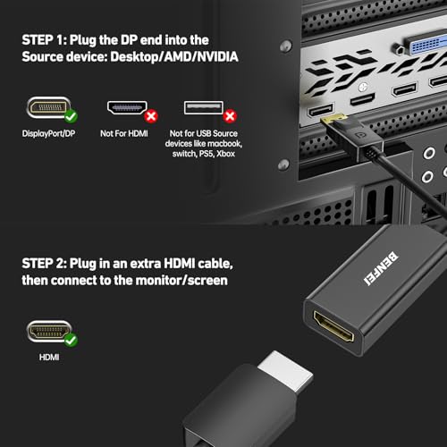 BENFEI 4K DisplayPort to HDMI Adapter, Uni-Directional DP 1.2 Computer to HDMI 2.0 Screen Gold-Plated DP Display Port to HDMI Adapter (Male to Female) Compatible with Lenovo Dell HP and Other Passive - color: Black, style: 4K 30Hz-1 Pack