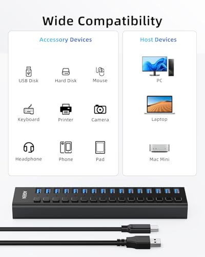 AGEEN 16-Port Powered USB 3.2 Hub, 10Gbps Data Transfer, 96W Power Adapter | Plug & Play, Individual On/Off Switch, Aluminum Housing, Surge Protection, USB Hub for Laptop/PC, Computer, HDD, Flash Drive