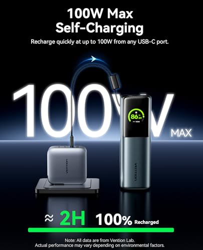 VENTION Powerhive 27000mAh Laptop Power Bank, 200W, Built-in and Extra 240W USB-C Cables, Portable Laptop Charger, Digital Display, for iPhone 17/16/15/14/13 Pro Max, MacBook, Dell, HP, Galaxy S24