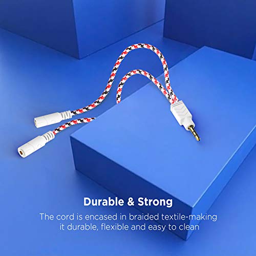 Headphone Splitter, 3.5mm Splitter Cable for Headset [Fine Braided & Gold Plated] Stereo Audio Y Cable AUX Splitter - Compatible for iOS, Android, Smartphones, Tablets & More - (0.85ft/26cm) | Stereo Audio Sound, Dual Headphone and Speaker Jack Adapter, C