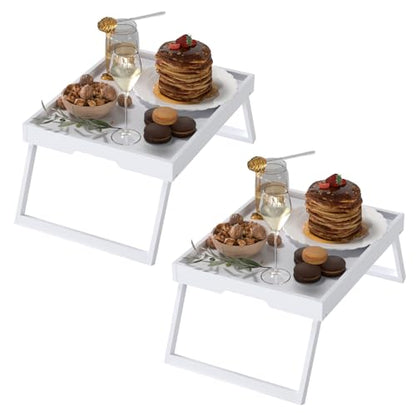 Bamboo Bed Tray Tables with Folding Legs, Medium, 2-Pack, White | Two FSC-certified bamboo bed trays with folding legs, handles and raised edges for meals, laptops, reading and serving. - color: White, size: Medium - 2pc