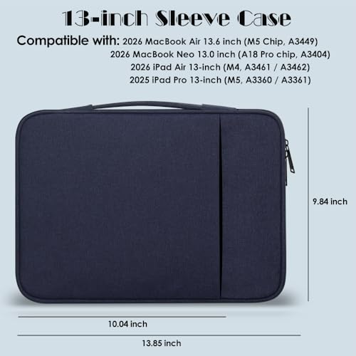 ProElife 13 Inch Laptop Sleeve for MacBook Neo, Retractable Handle, Navy | Precision Fit, Soft Inner Lining Padded, Anti-Scratch, Extra Attached Pocket, Travel Carry Laptop Bag for Home Office - color: Navy Blue