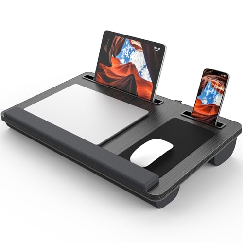 Potuopy Lap Desk Combo, Adjustable Foldable Bed Tray Table with Storage Drawer & Wood Grain Surface, Laptop Stand with Cushion, Wrist Pad, 2 Upgraded Mouse Pads, Tablet & Phone Slots, Supports 17" Lap