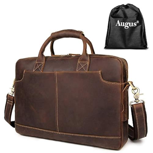 Augus Leather Briefcase Laptop for Men, 16 Inch | Vintage Leather, YKK zipper - color: Brown