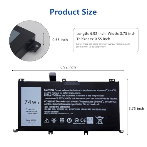 DJW 74W 357F9 Battery for Laptop Dell Inspiron 15 7000 Gaming 7559 7566 7567 7557 i7559 Series 15 5000 5576 5577 Series P57F 71JF4 071JF4 P65F P65F001 0GFJ6 0357F9 - size: 357F9